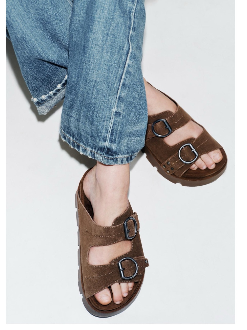 Zara Buckled Suede Platform Sandals in a dark tan color - Picture 1 of 8